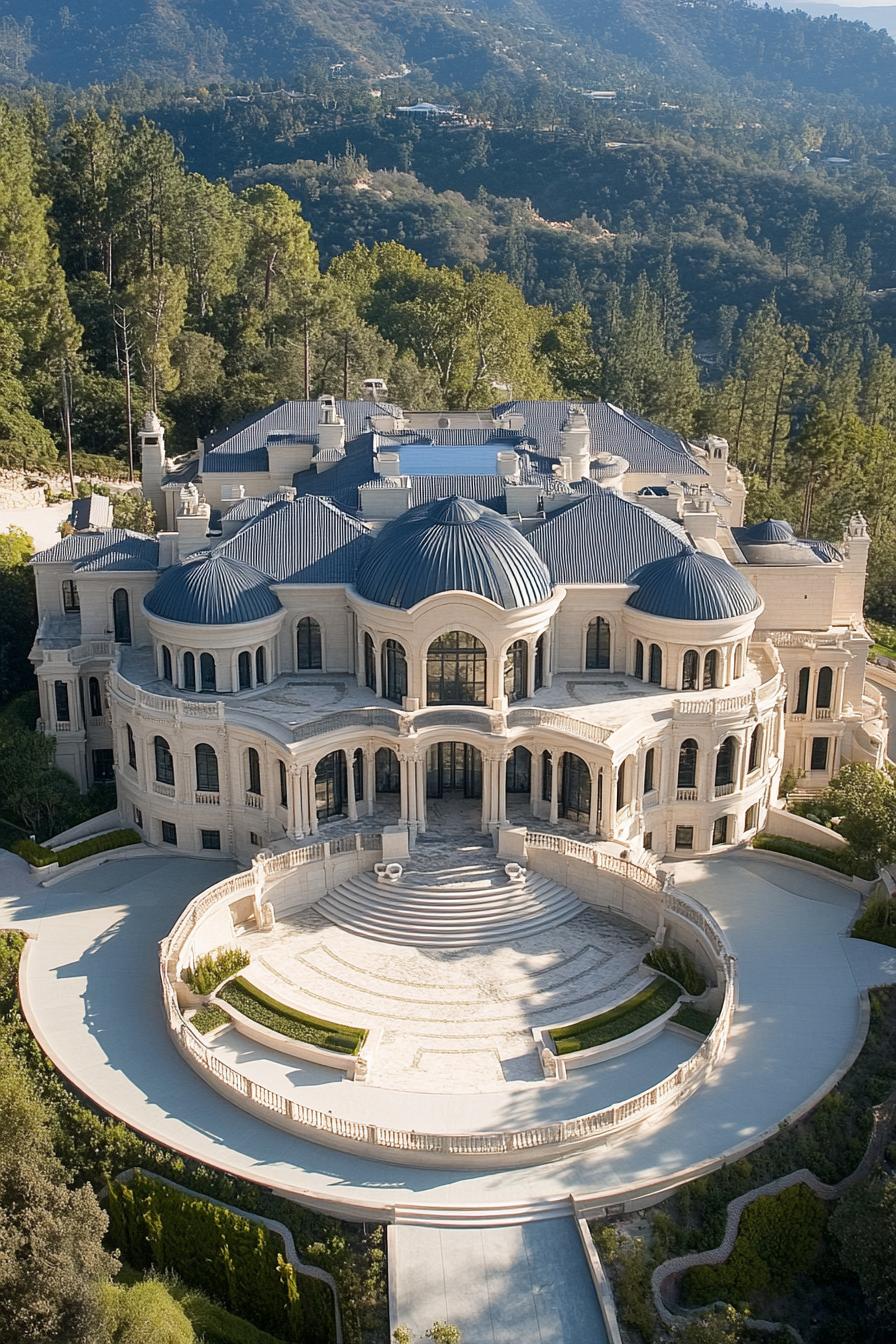 Aerial view of an opulent mansion with circular driveway