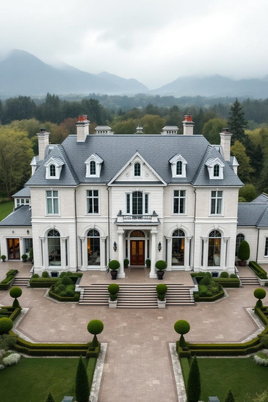 Elegant mansion with symmetrical design surrounded by lush greenery