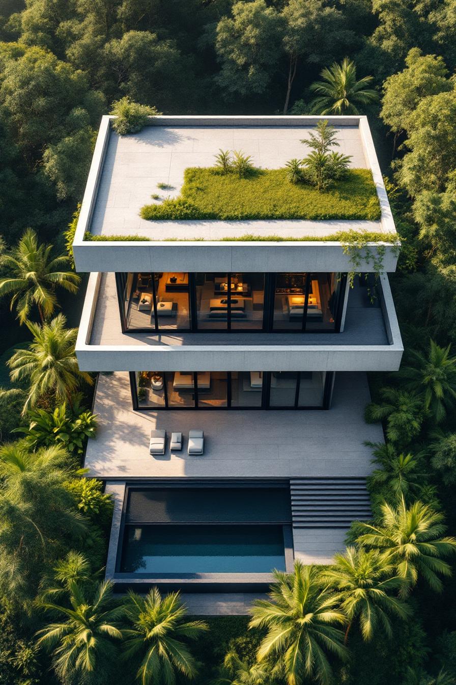 Modern concrete mansion with rooftop garden and pool