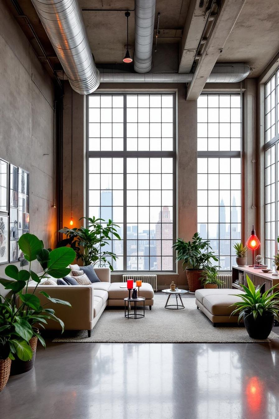 Spacious loft with large windows and green plants