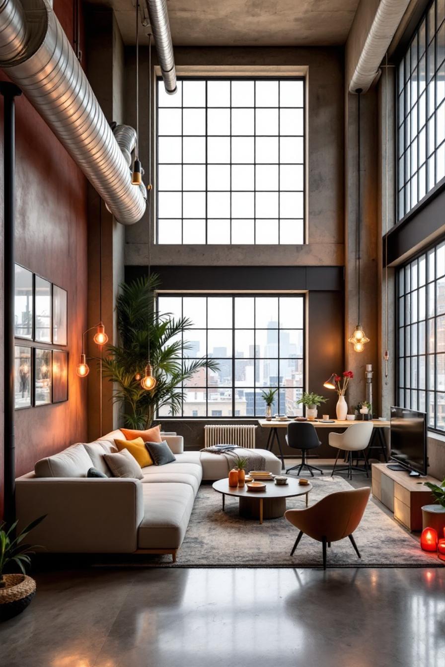 Spacious loft with large industrial windows and modern decor