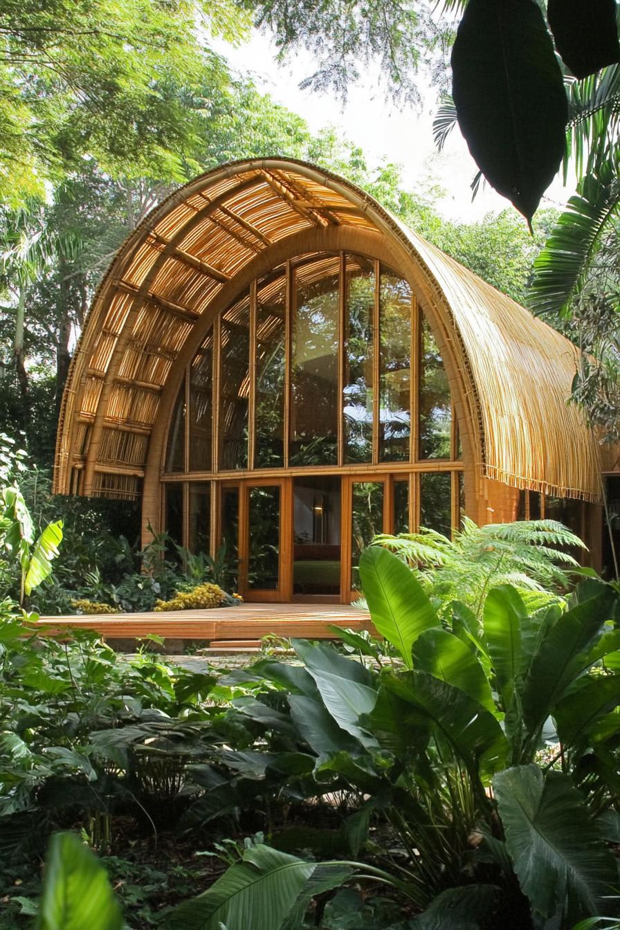 Bamboo house with an arched design in a lush tropical setting