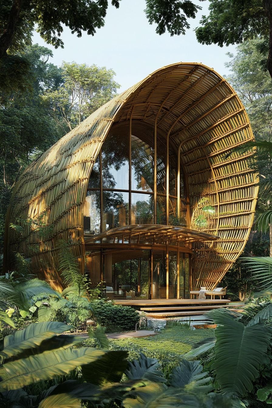 Curved bamboo house nestled in lush greenery