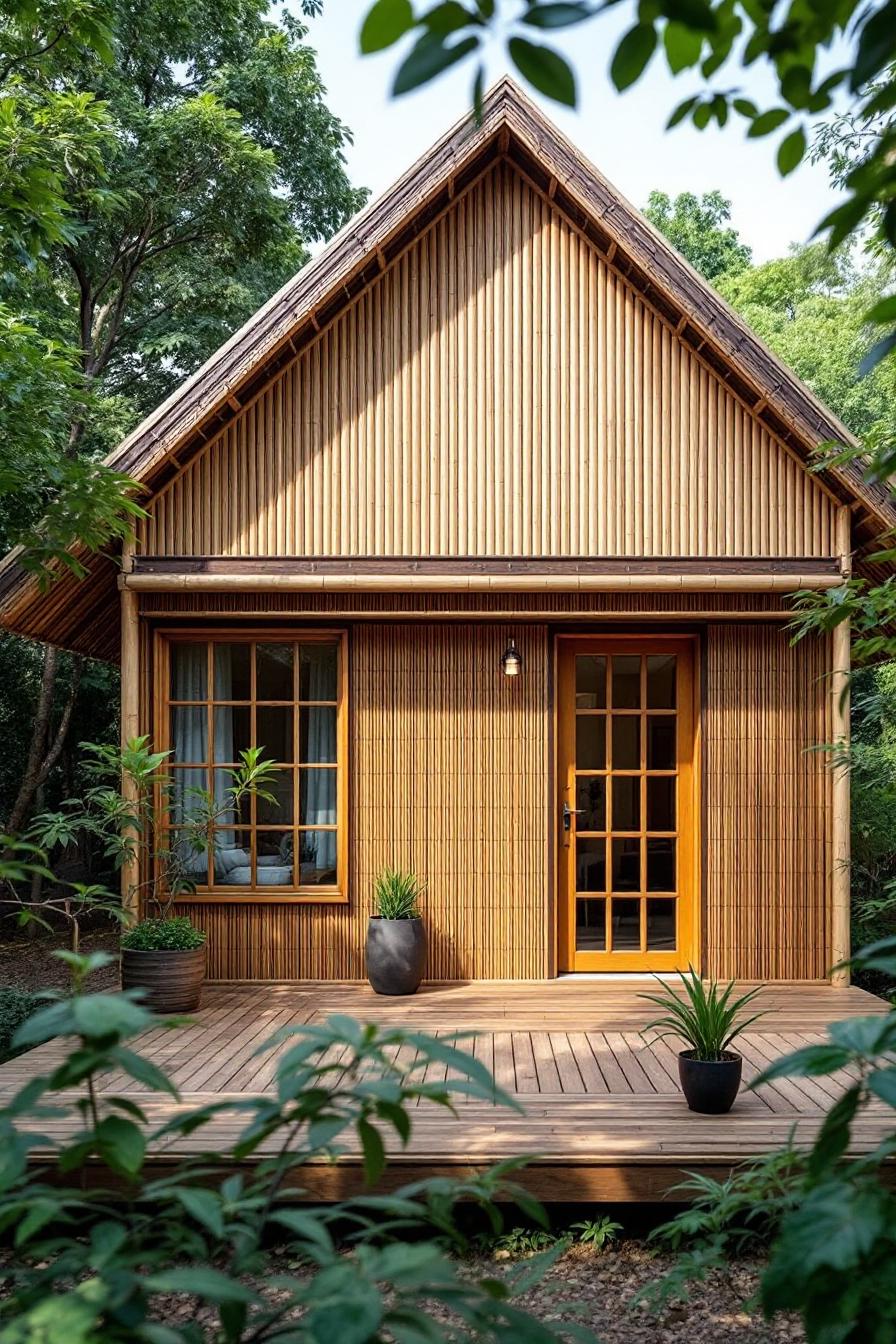 Bamboo house with a wooden deck surrounded by lush greenery