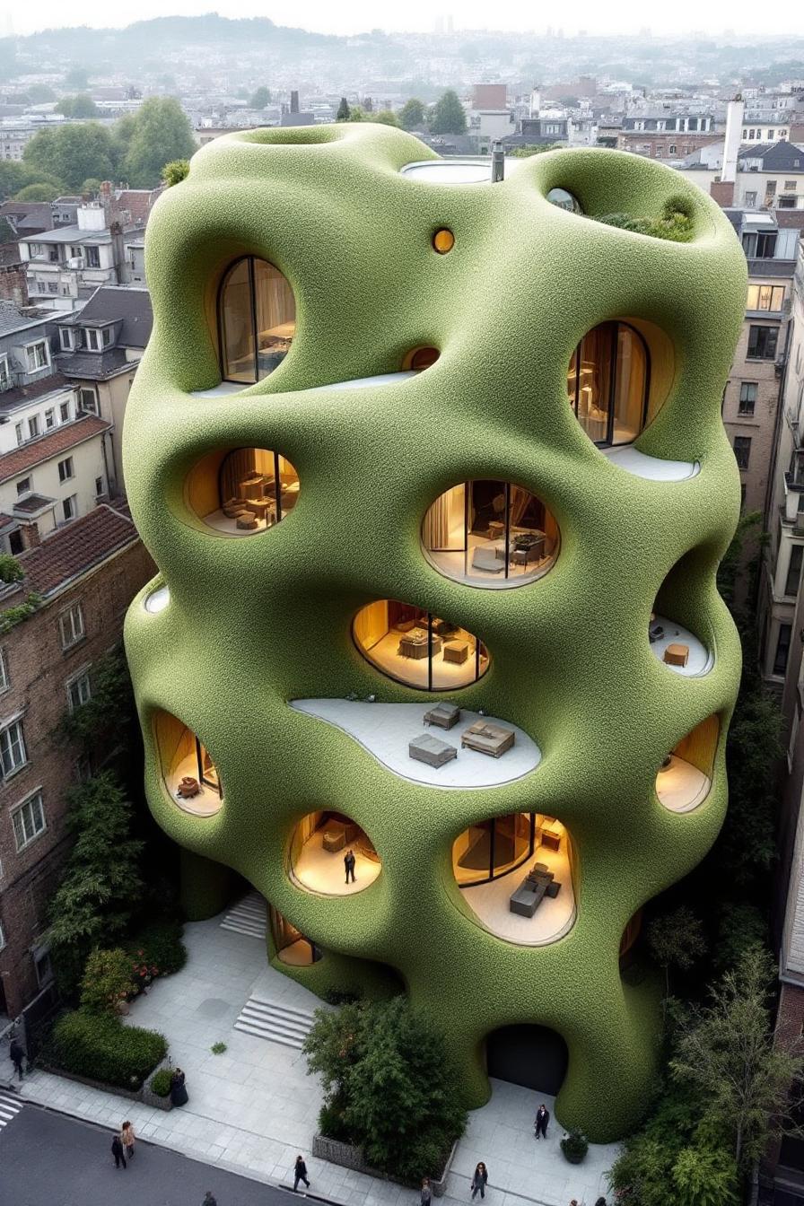 An avant-garde building resembling a giant green sponge