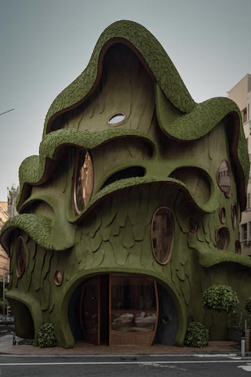 Curvy green building resembling a plant