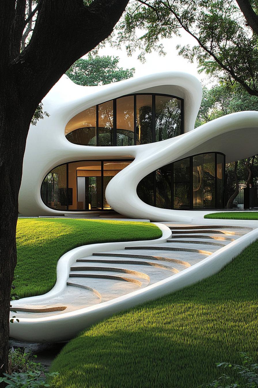 Futuristic white, flowing house among trees