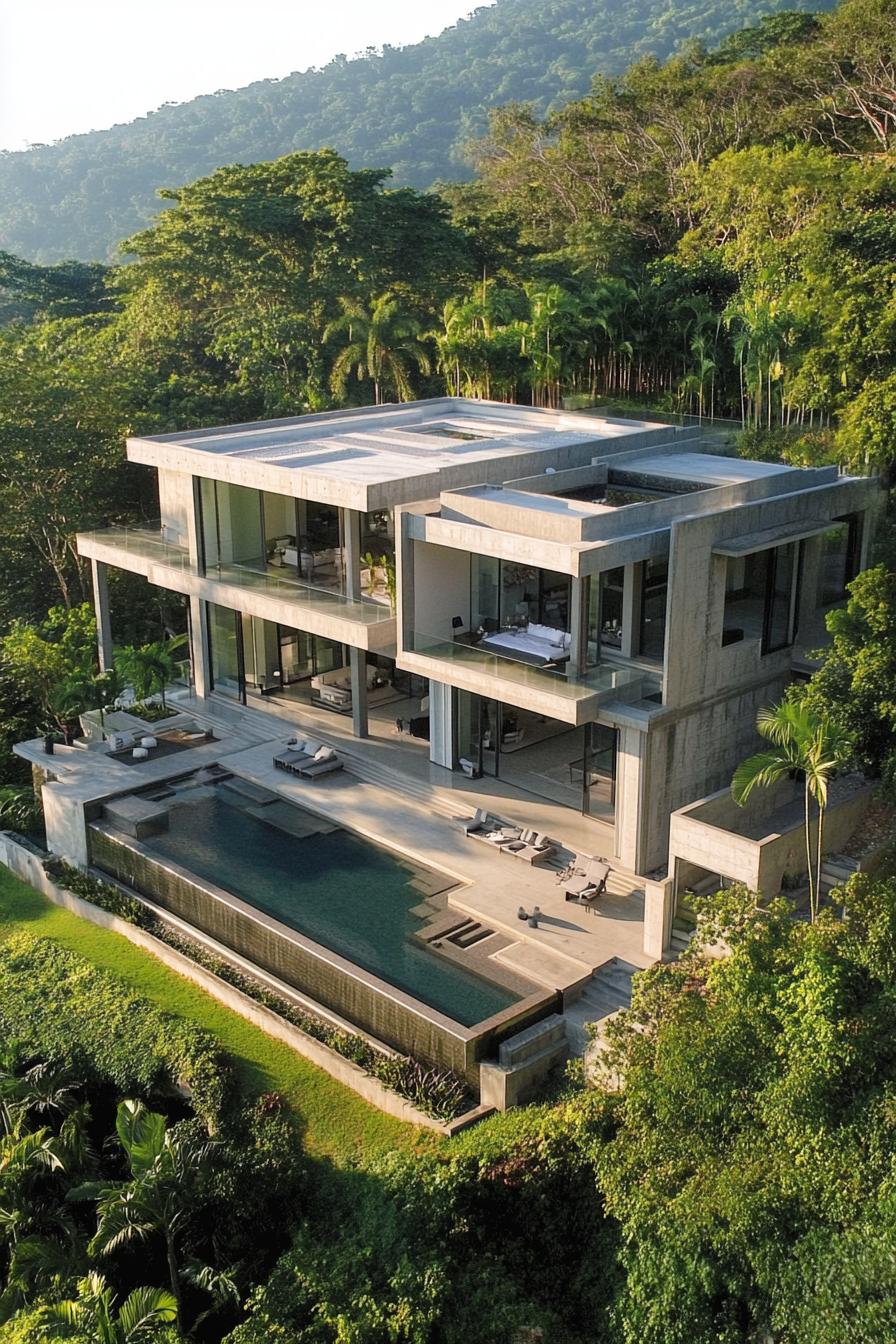 Modern concrete mansion nestled among lush trees