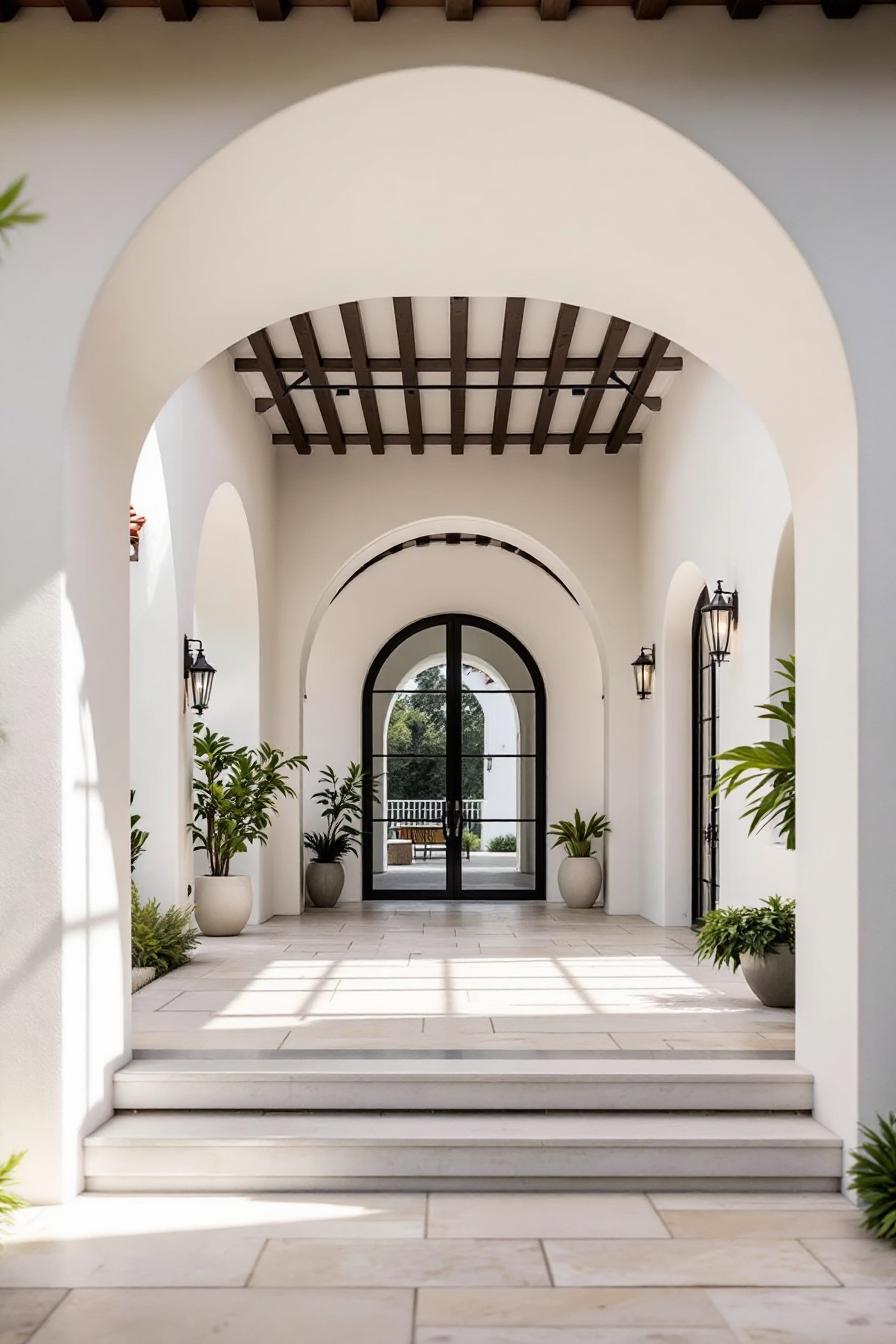 Grand archway entrance with potted plants