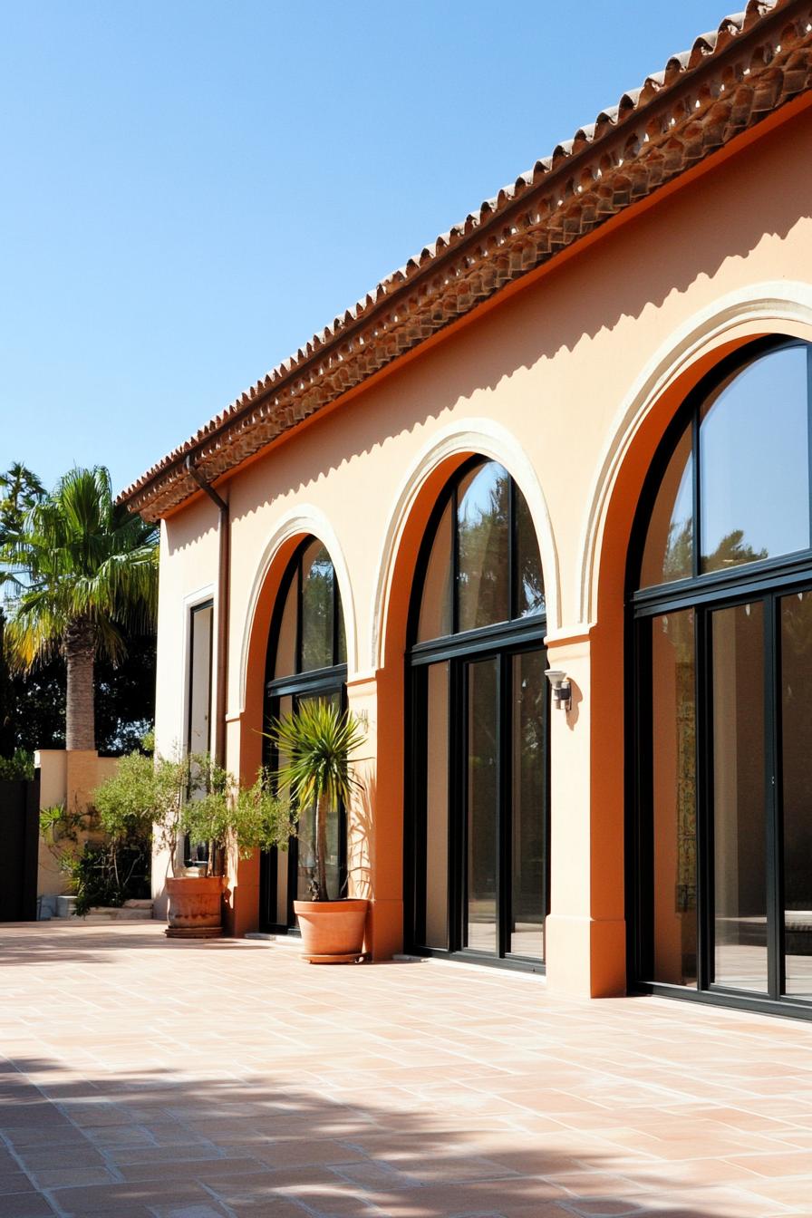 Sunny terrace with tall arched windows and potted plants