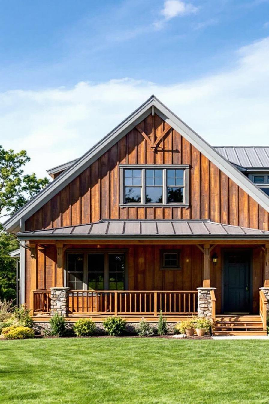 Charming wooden farmhouse with lush lawn