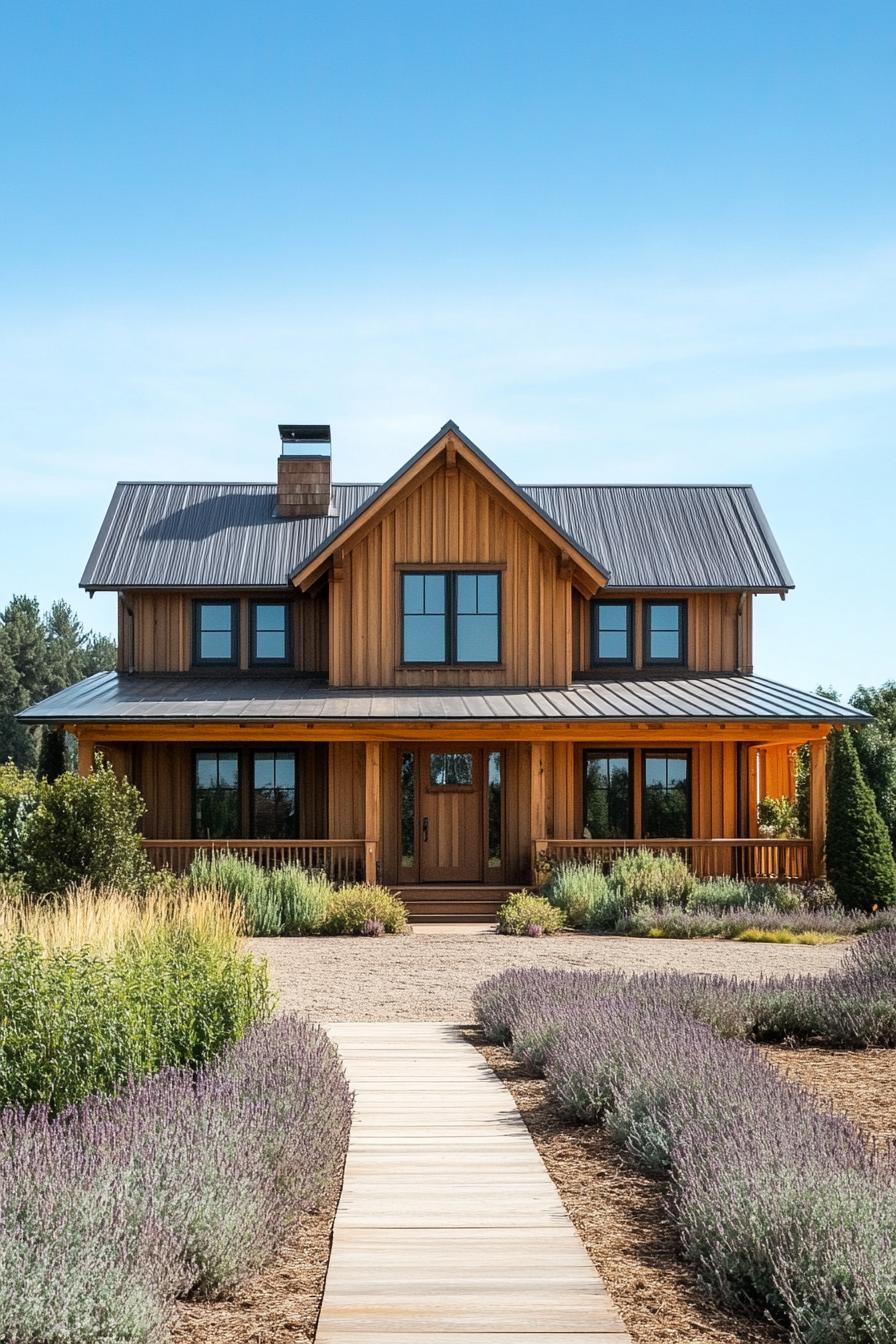 A cozy farmhouse with a wooden path leading to the entrance