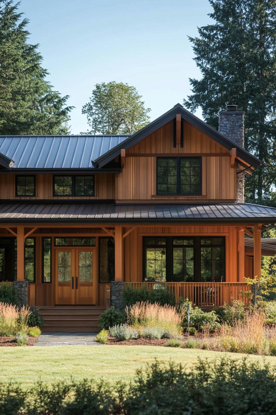 Wooden farmhouse framed by lush trees