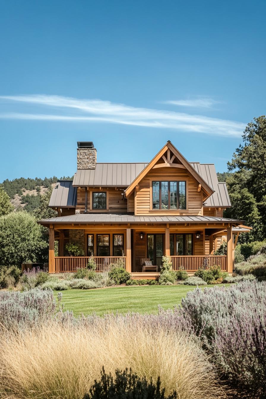 Wooden farmhouse with a wide porch and stone chimney