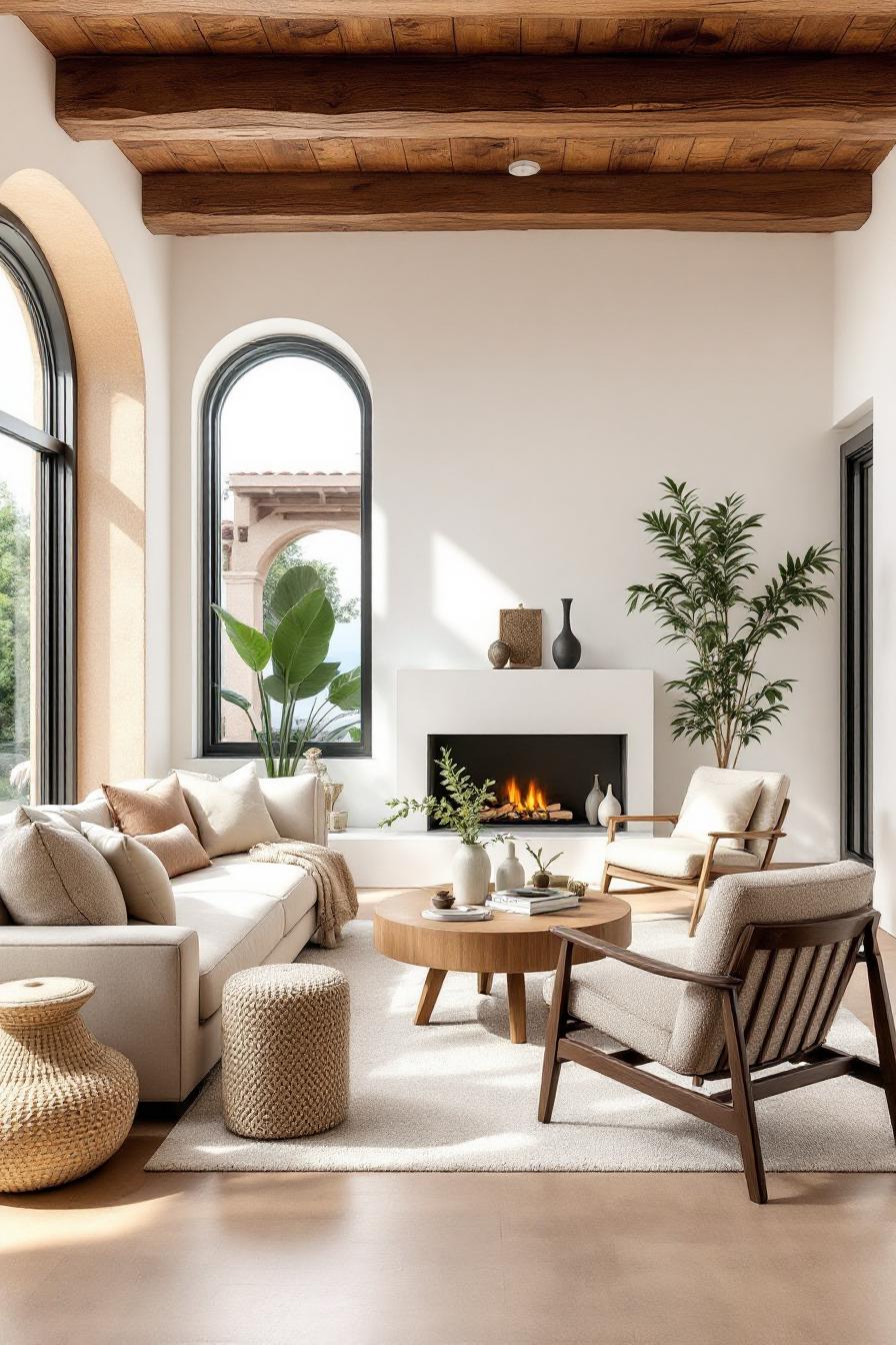 Contemporary Spanish interior with large windows and a cozy seating area