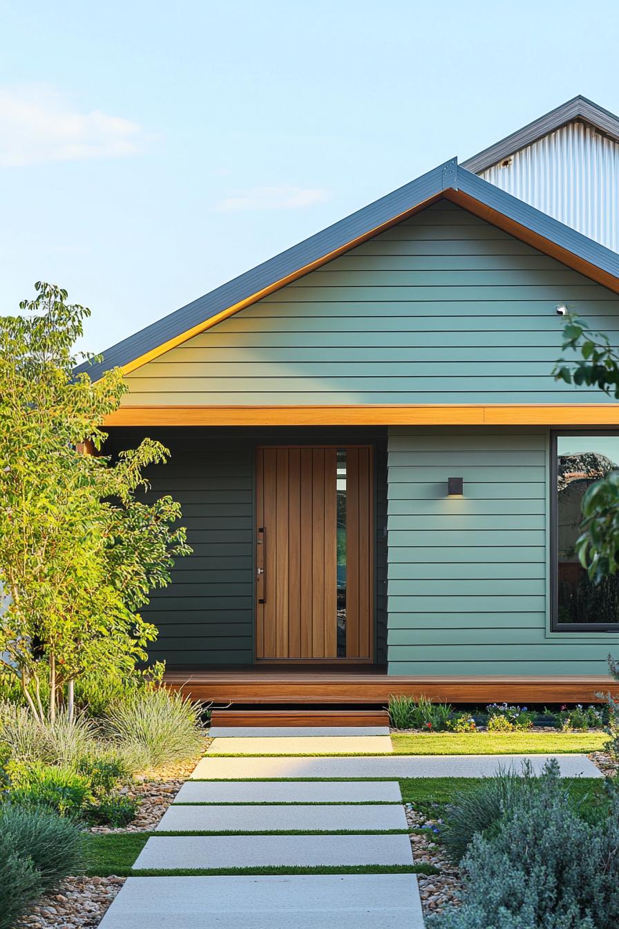 Contemporary green facade with wooden accents