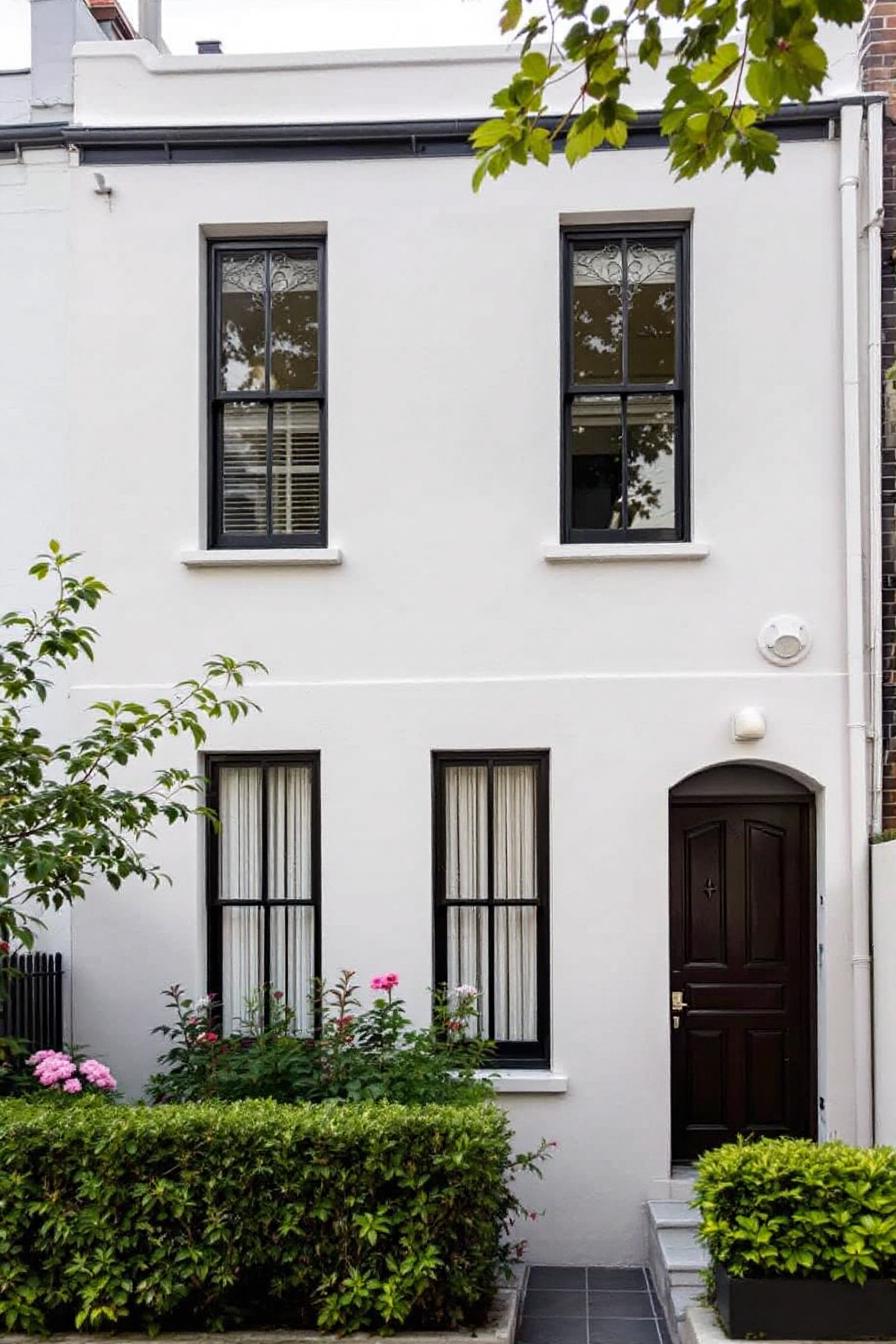 White facade with black window frames and a quaint garden