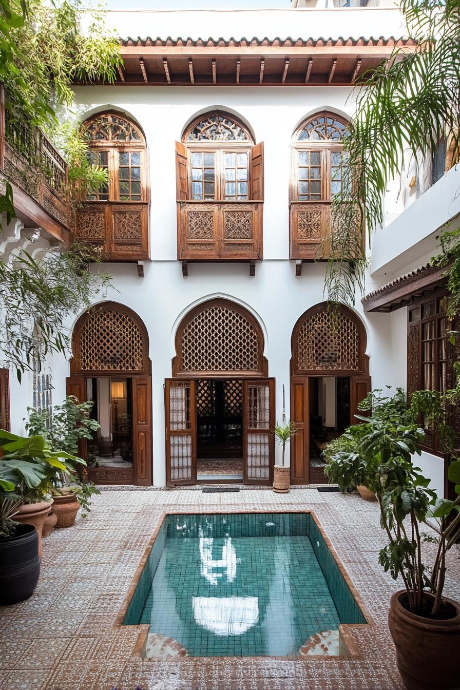 Courtyard with pool and arched windows