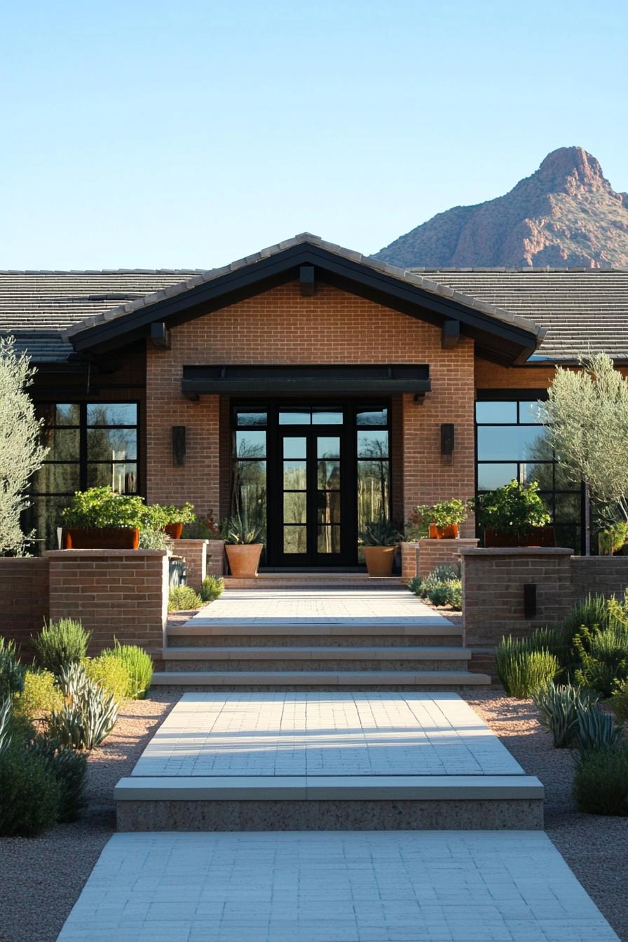 Front view of a brick Arizona home with steps and mountain backdrop