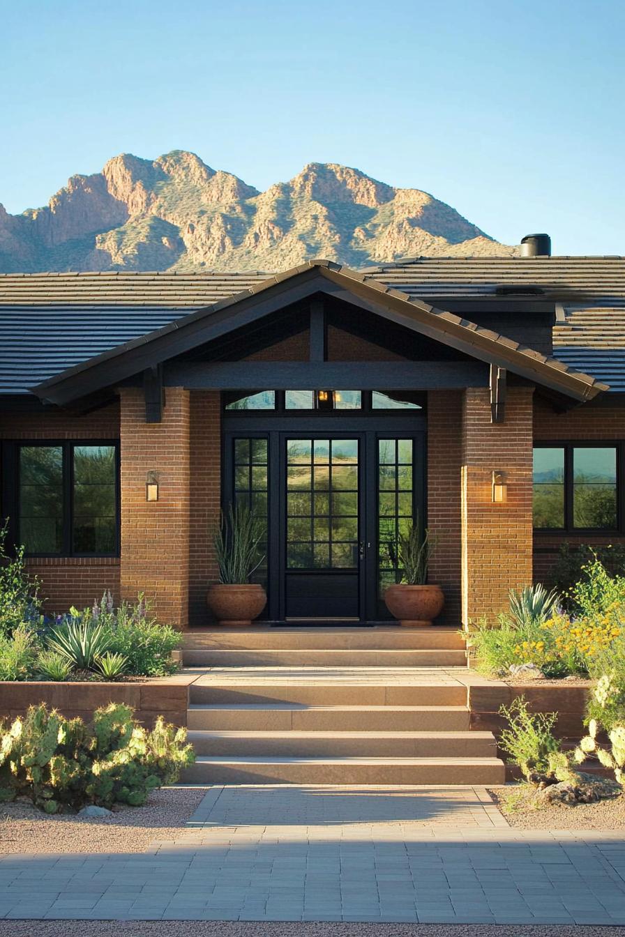 Modern home with brick facade and mountain backdrop