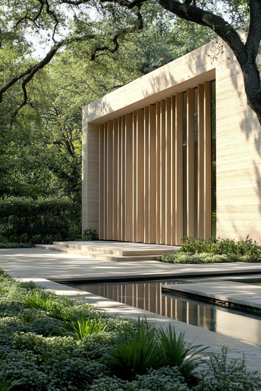 Wooden facade with vertical slats surrounded by lush greenery