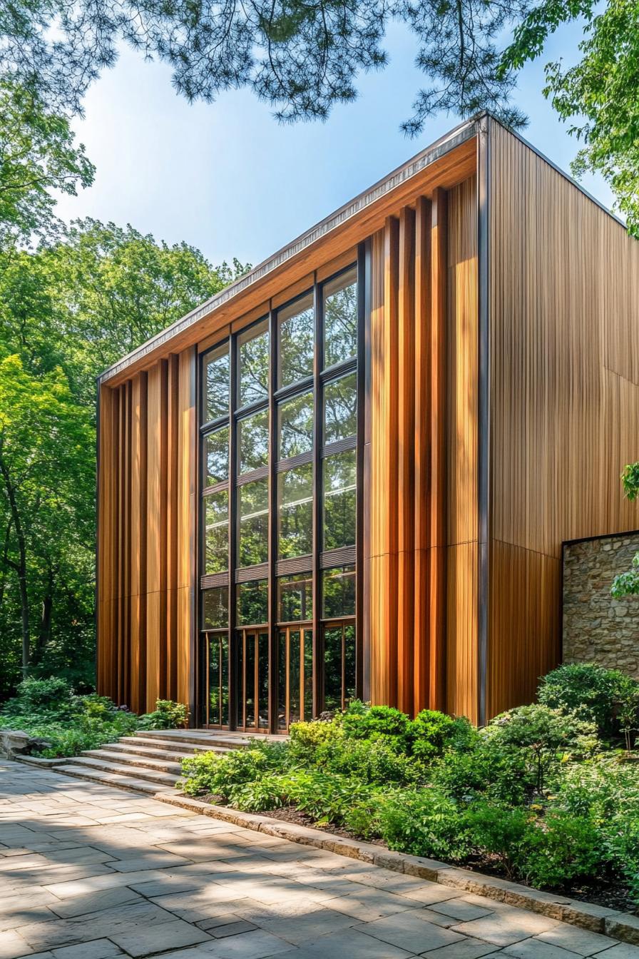 Large windows framed by vertical wooden panels set among lush greenery