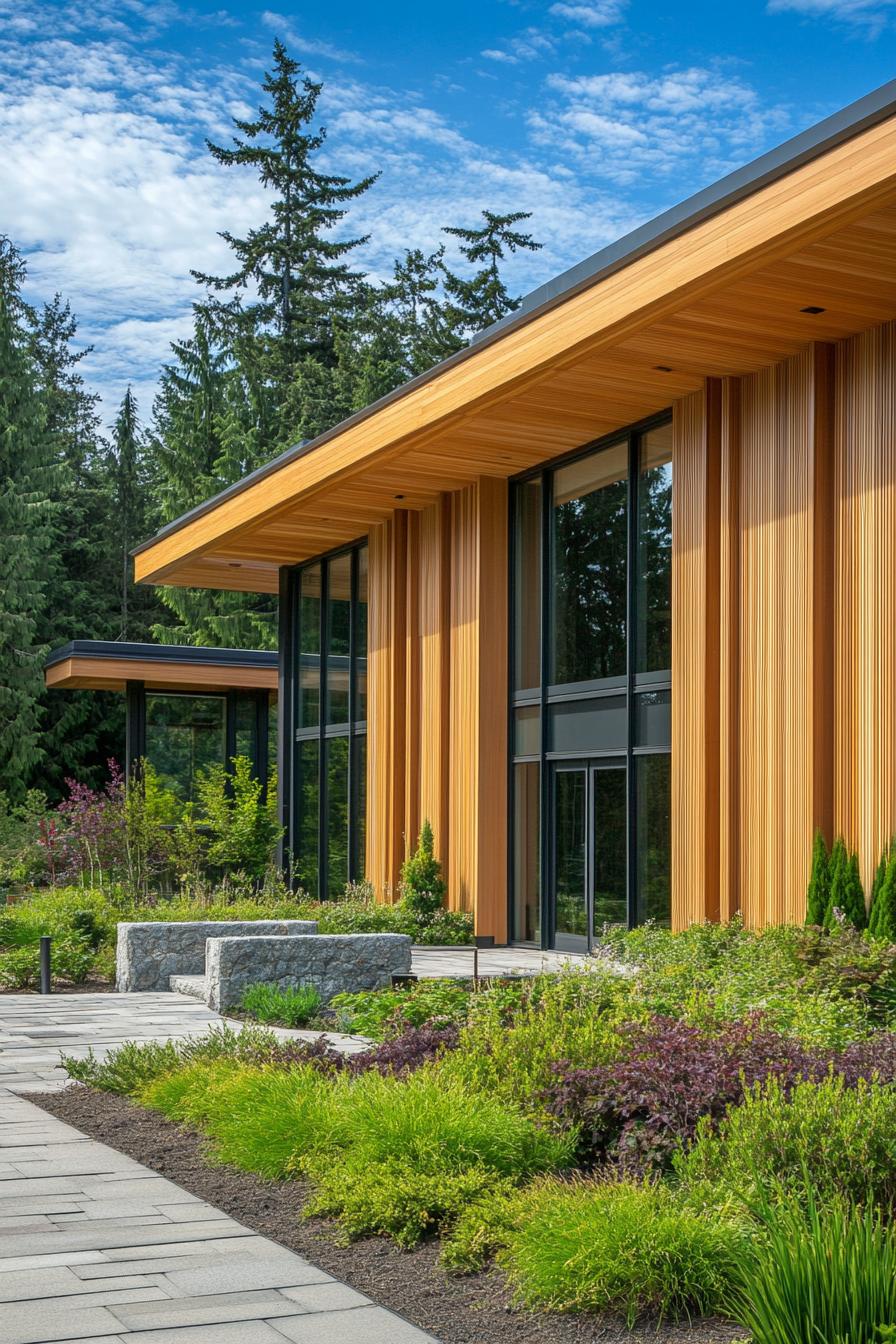 Modern building with vertical wooden panels and lush greenery