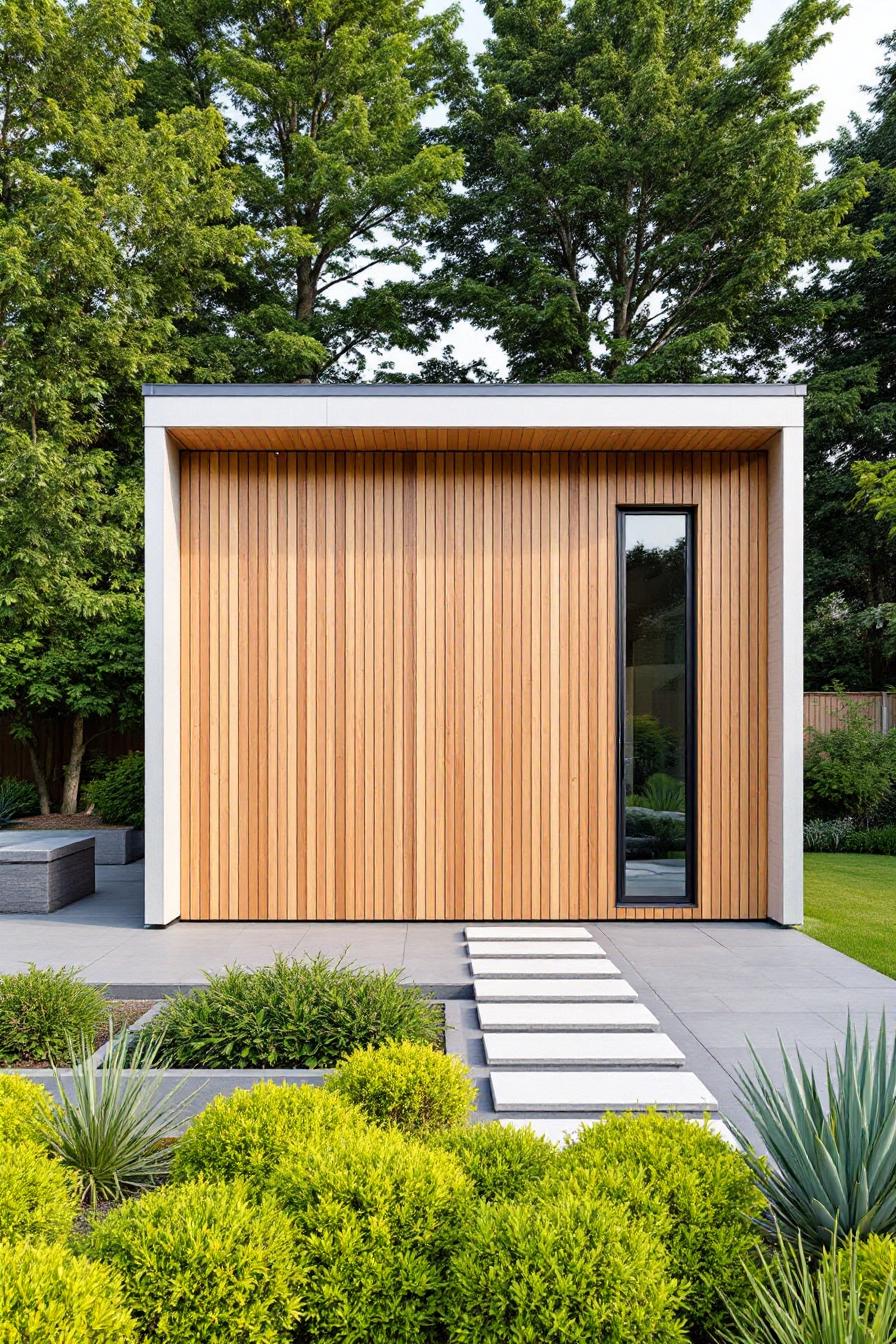 Modern building facade with wood panels and greenery