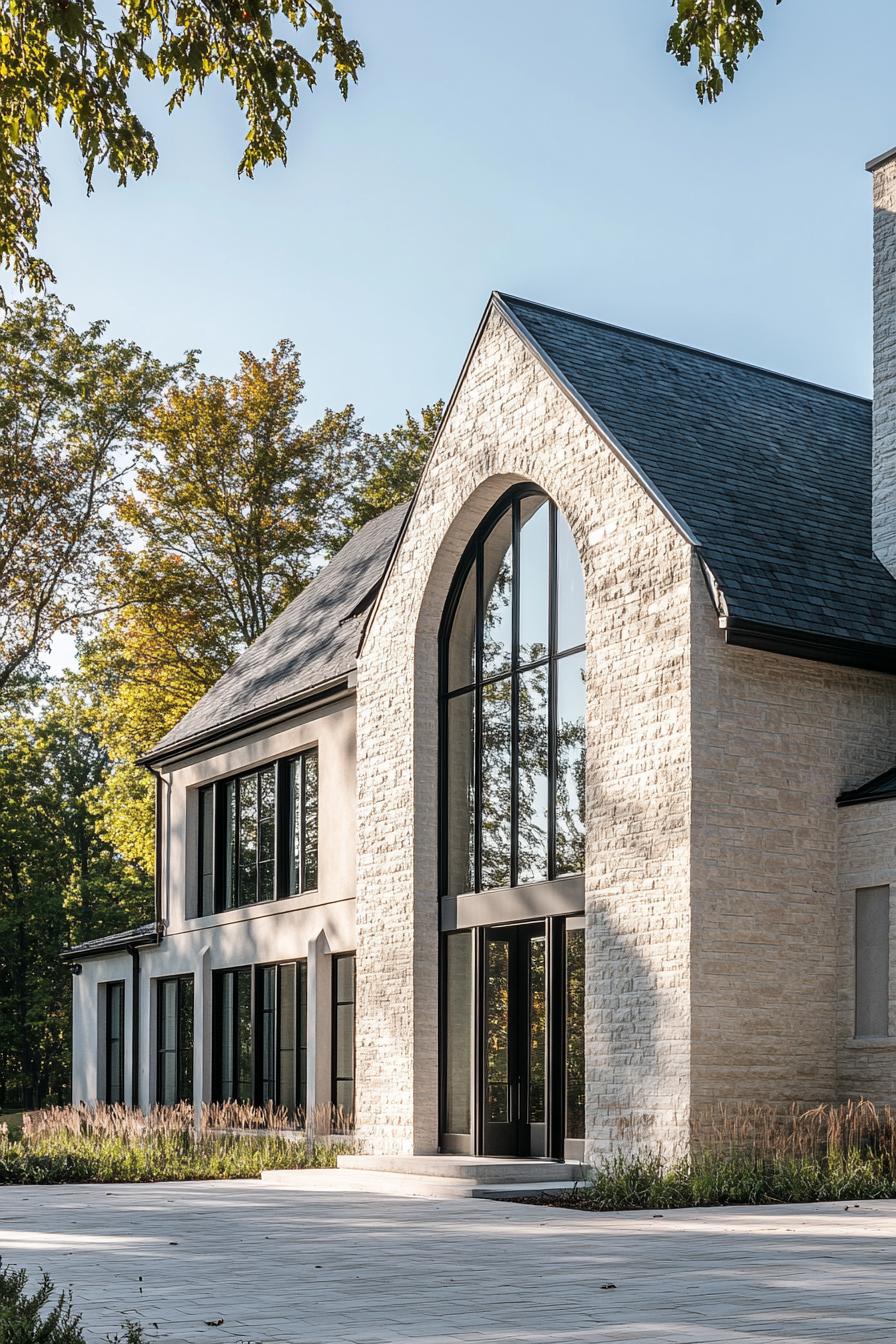 Sophisticated farmhouse with stone facade and large arched windows