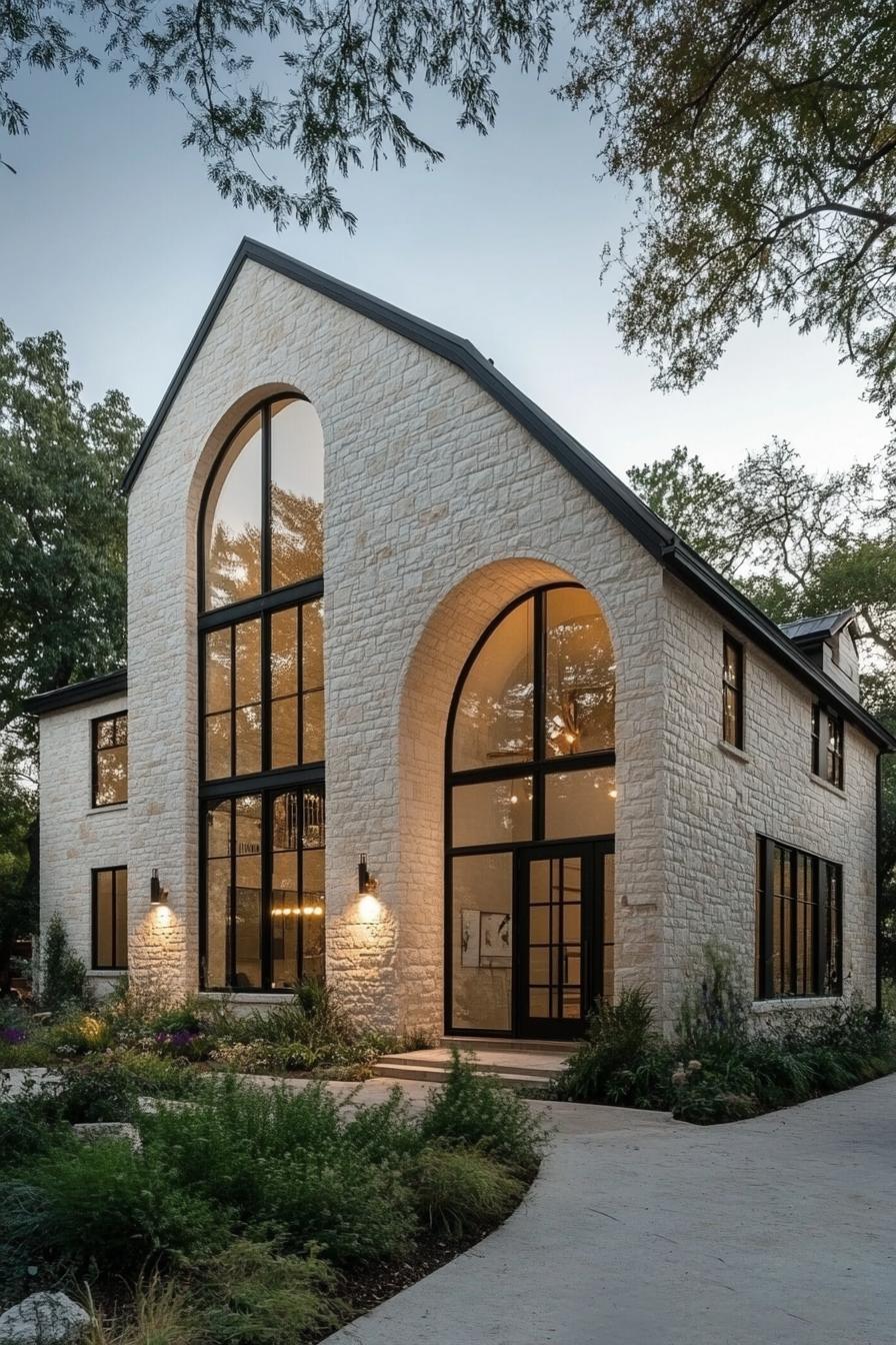 Luxury farmhouse with large arched windows and a stone exterior