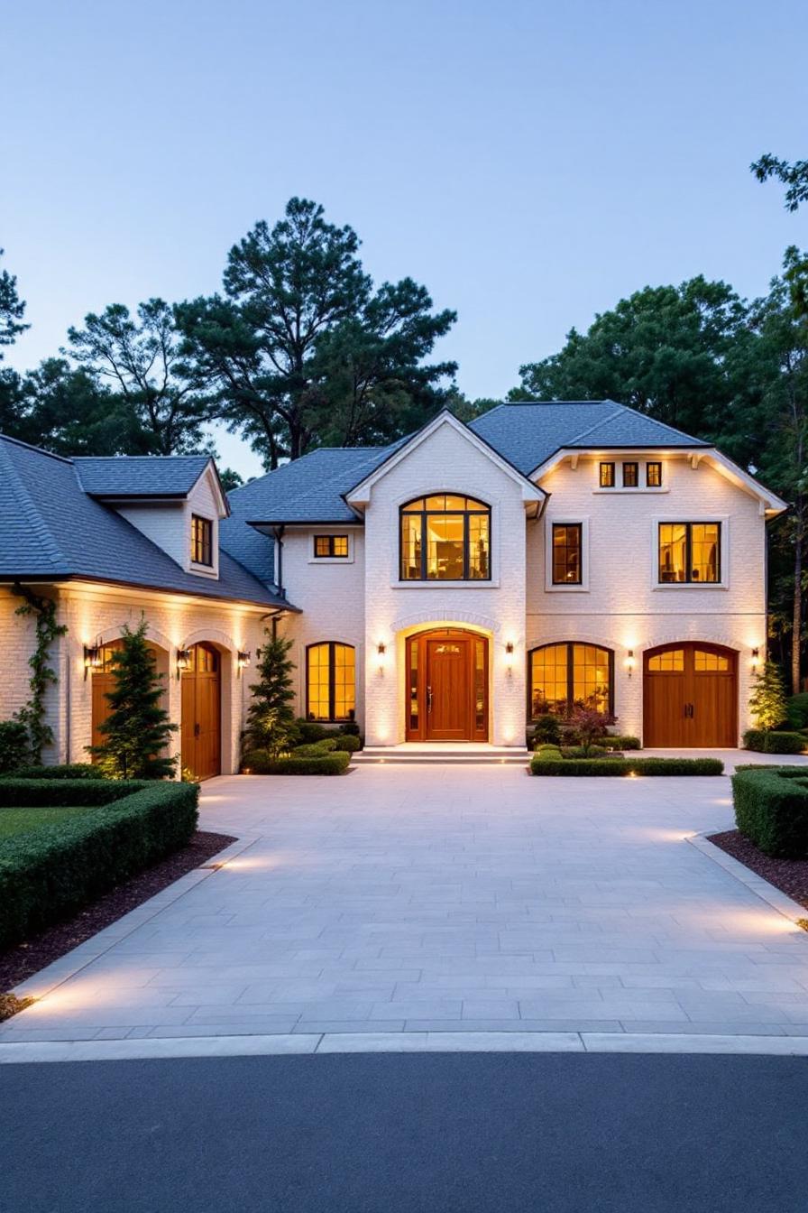 Luxury farmhouse with a grand entrance and gabled roof