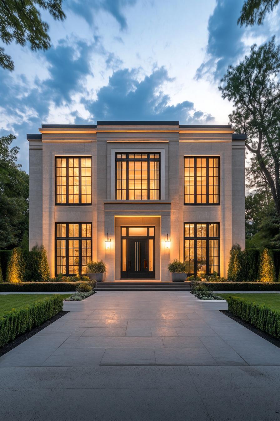 Stylish neoclassical mansion at dusk