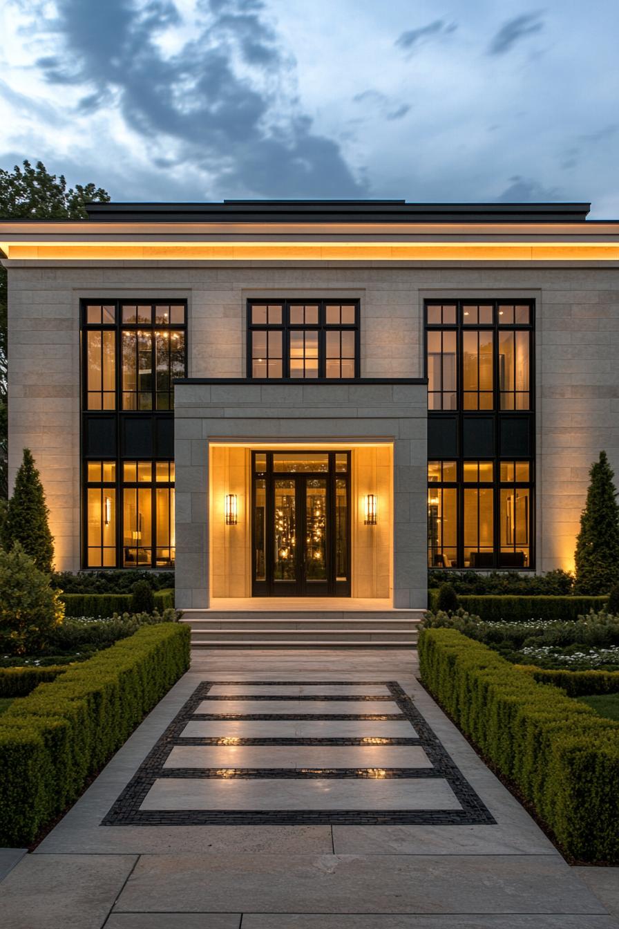 Modern neoclassical house with warm exterior lighting and manicured hedges