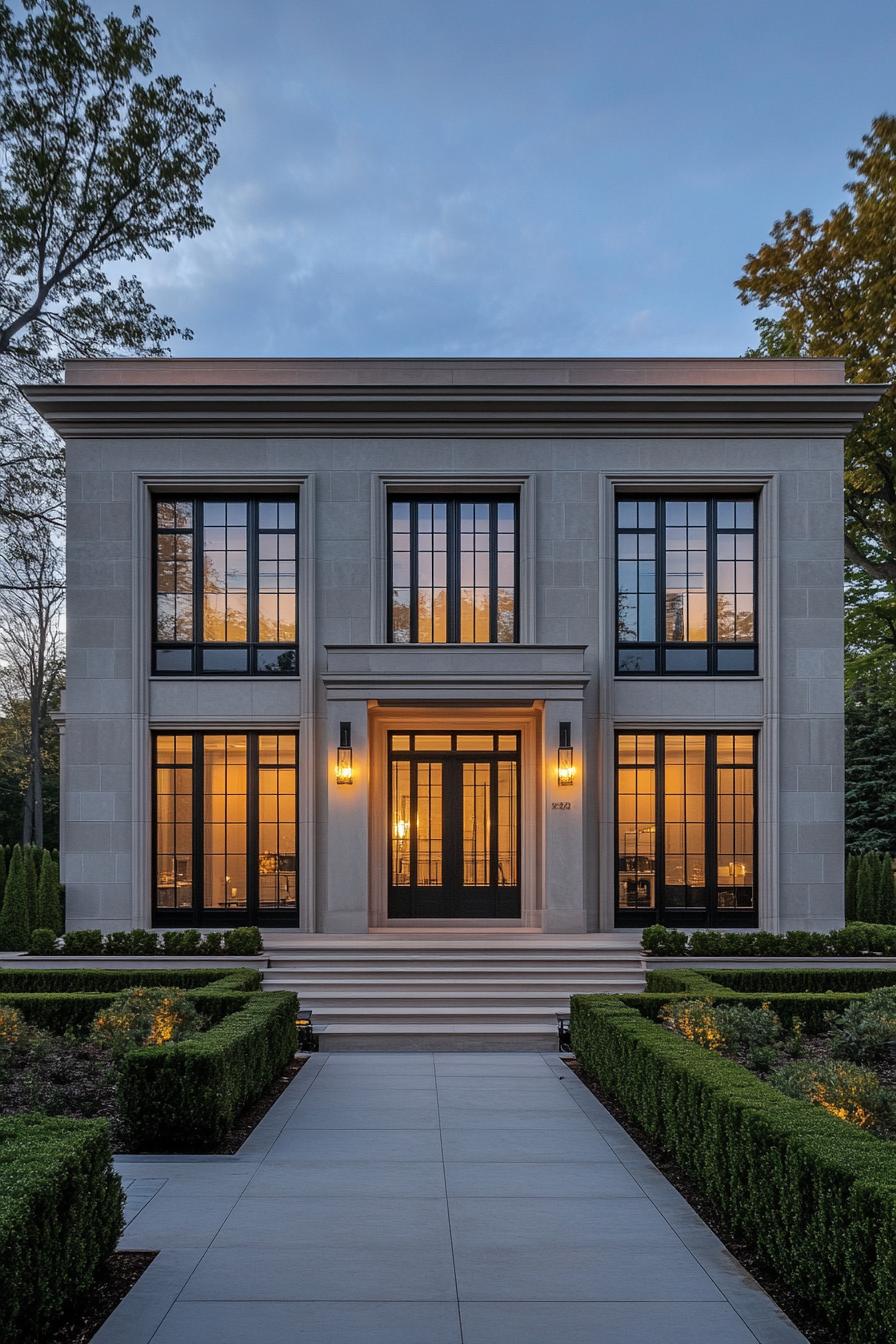 Modern neoclassical home with glowing windows and manicured greenery