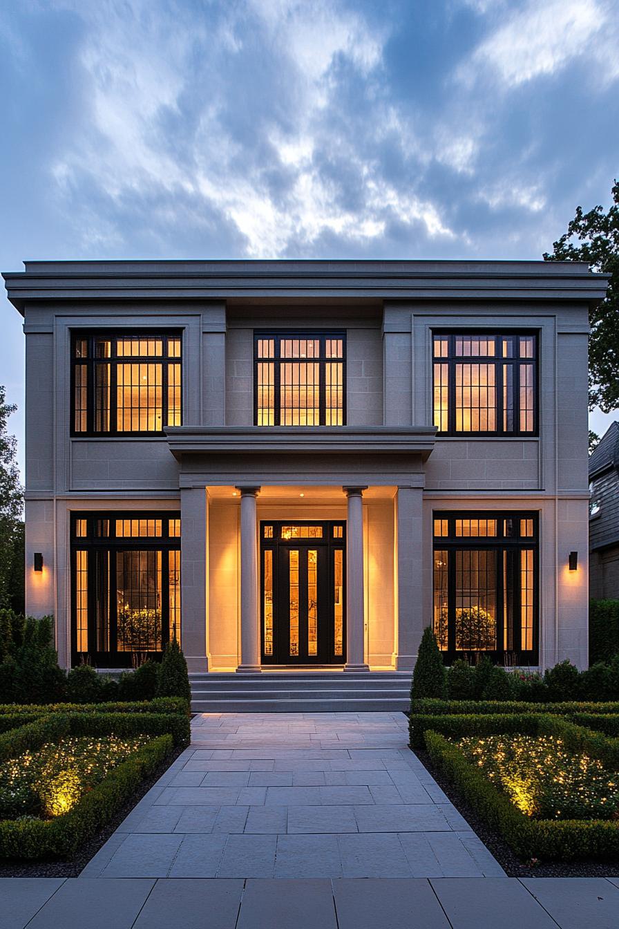 Modern neoclassical house with illuminated windows and grand entryway