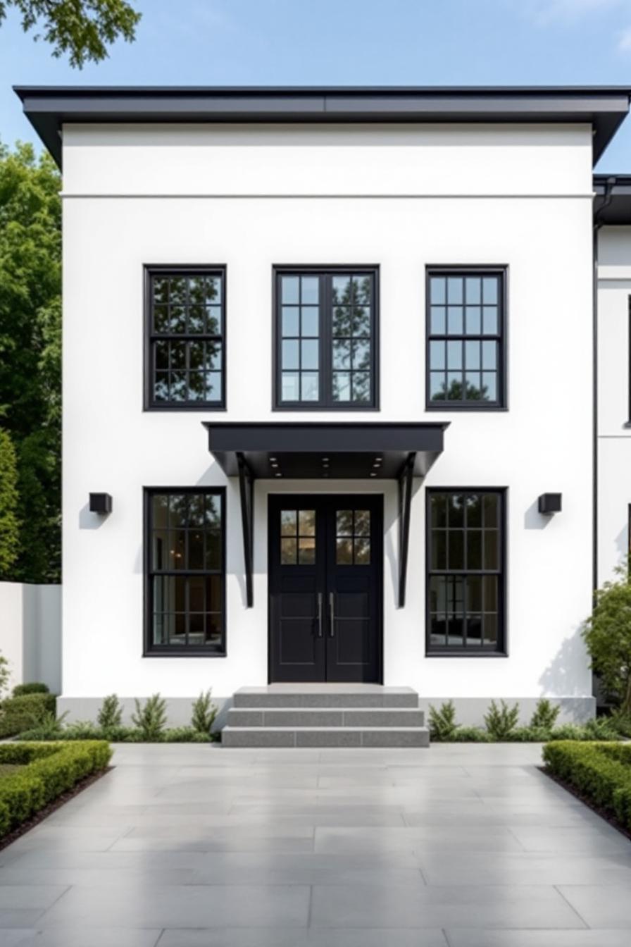 Modern neoclassical house facade with black accents