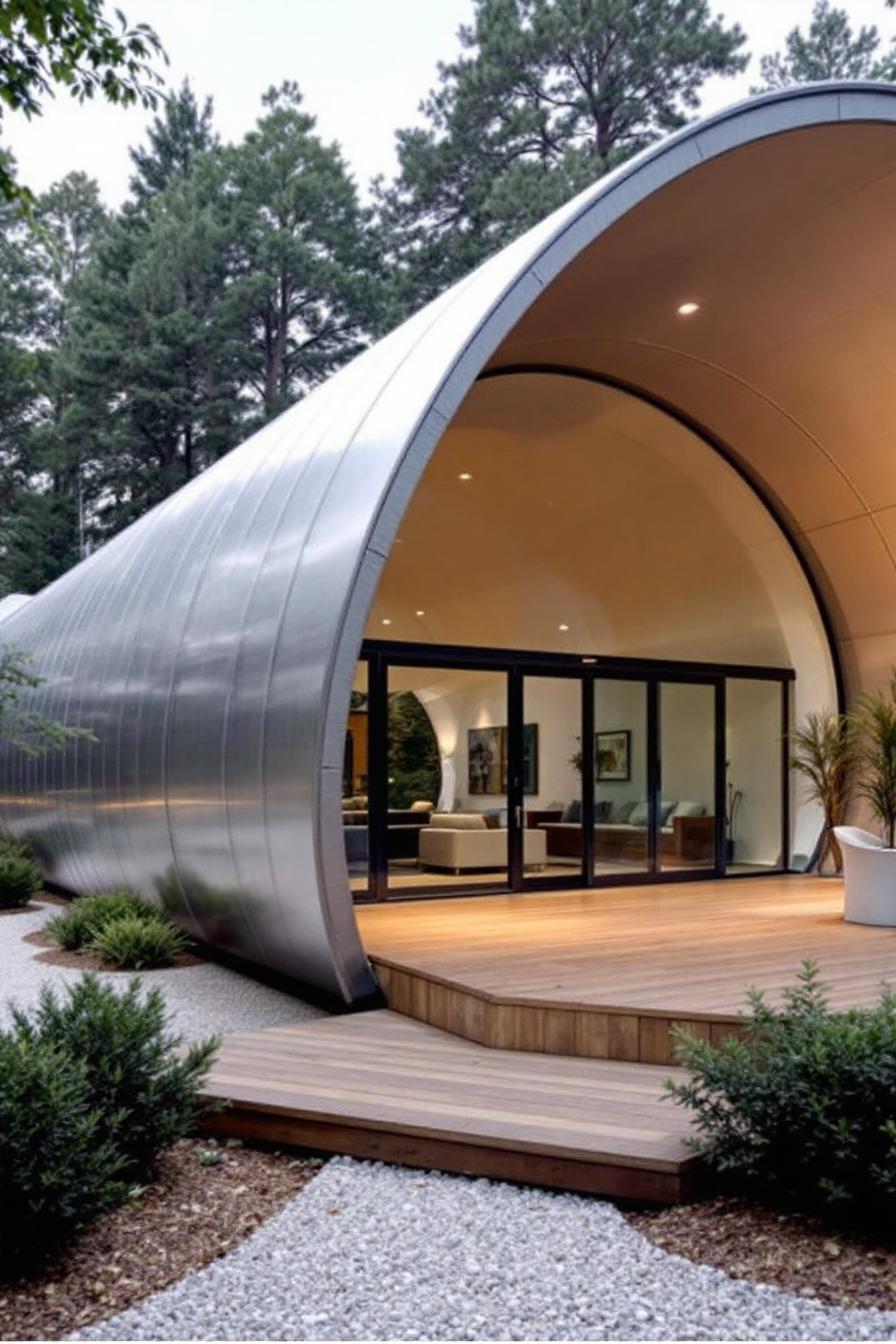 Modern Quonset hut with arched front and large glass doors surrounded by trees