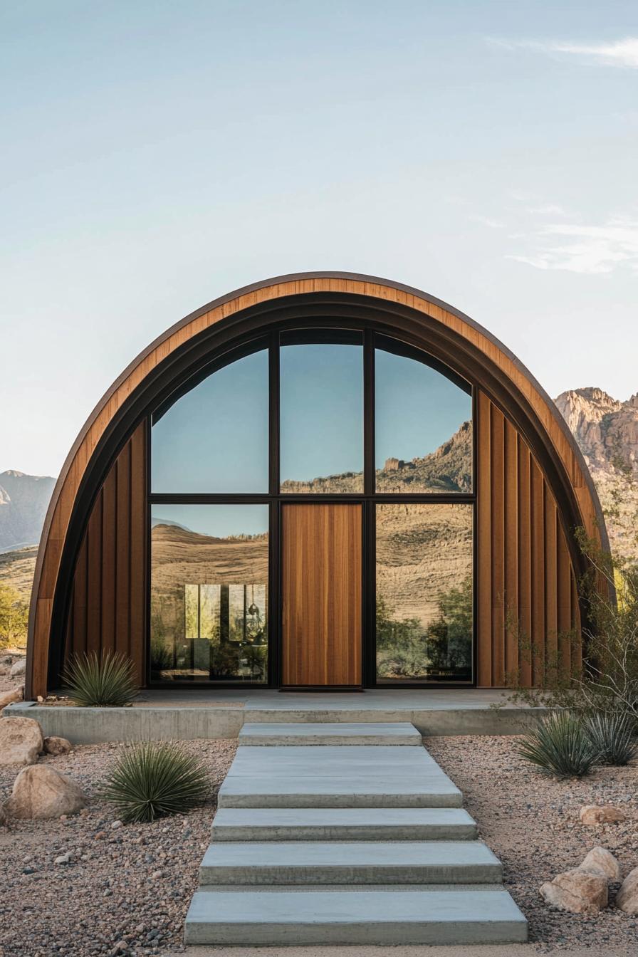 Quonset hut with a wooden facade and large windows in a desert setting