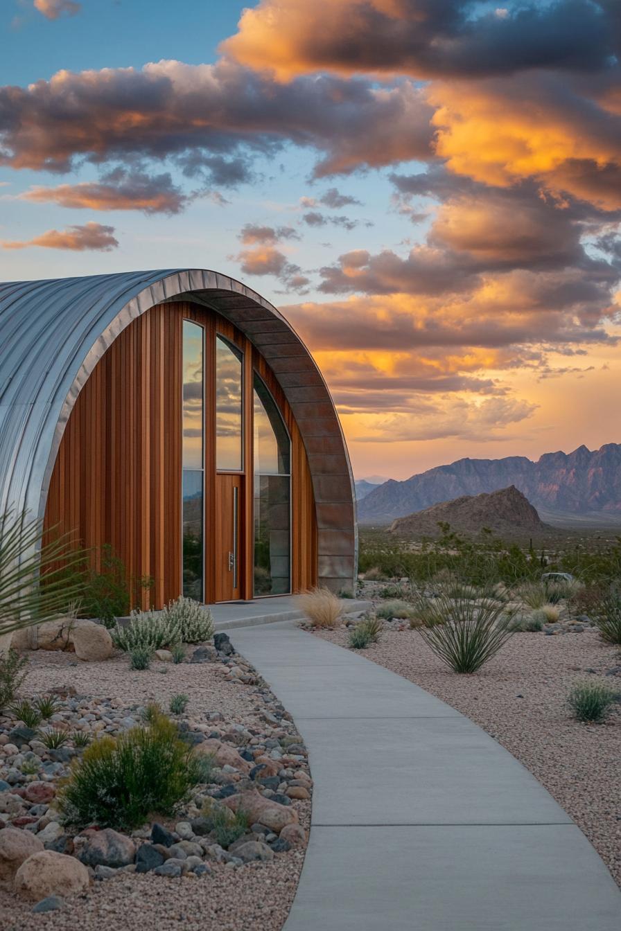 Quonset home nestled in a desert landscape