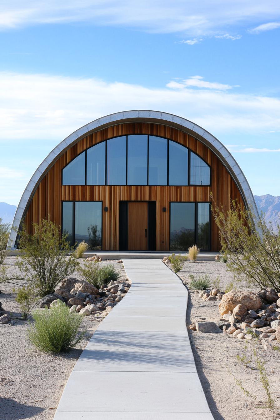 Arched metal Quonset hut with wood accents in a desert landscape