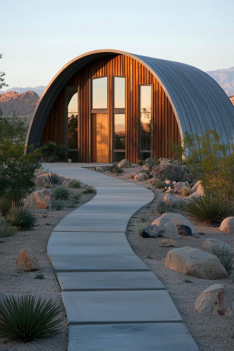 Quonset hut with a curved roof in a desert setting