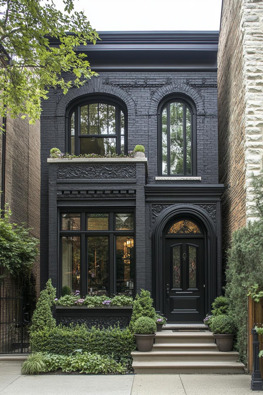 Dark brick house with arched windows and lush plants