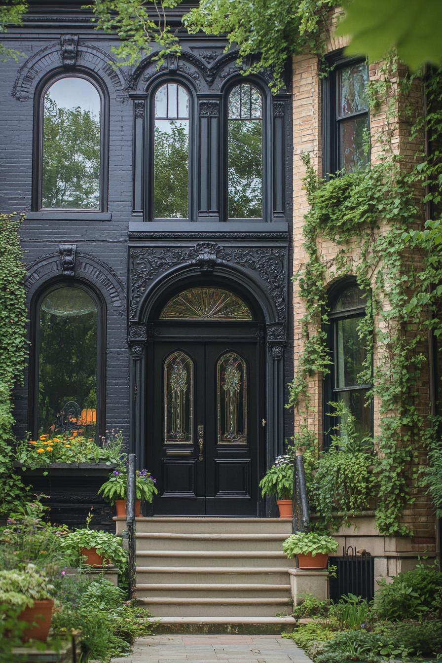 Black brick facade with intricate arch windows and ivy