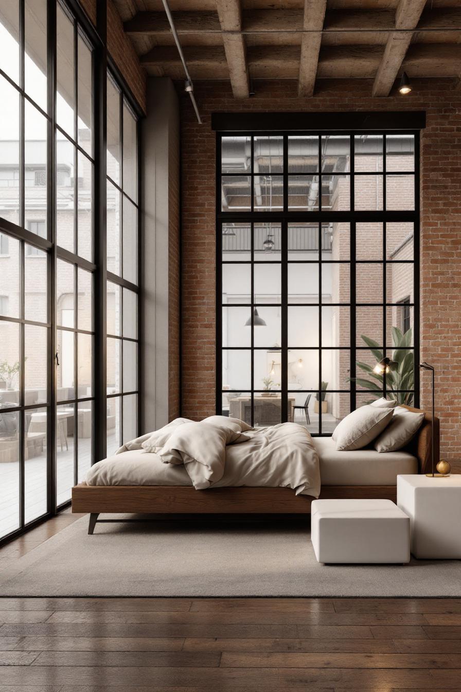 Spacious bedroom in an industrial-style loft apartment