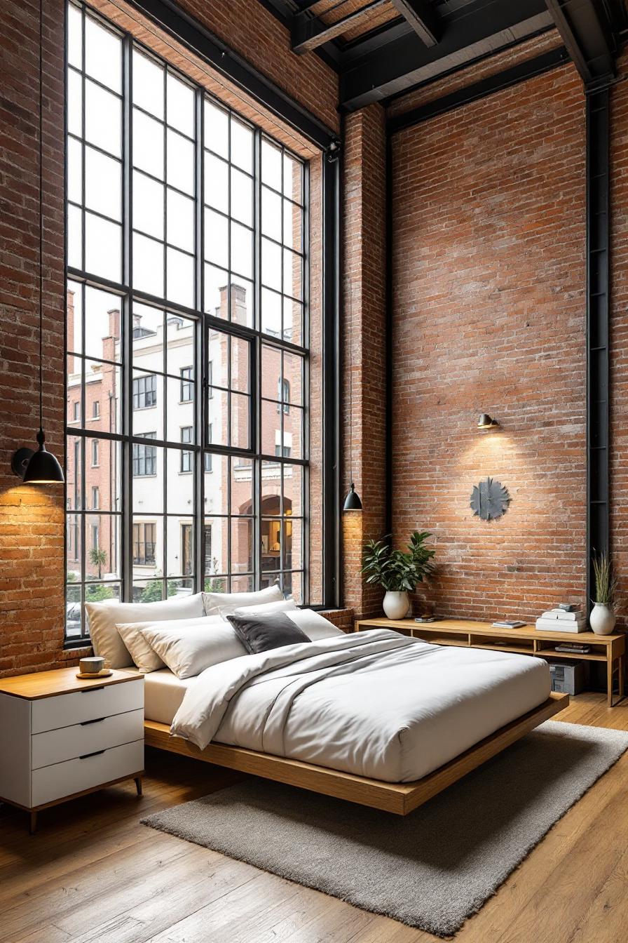 Cozy bedroom with large windows and brick walls