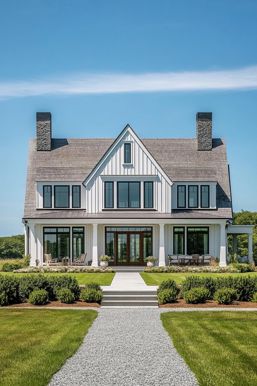 White farmhouse with gabled roof and two chimneys