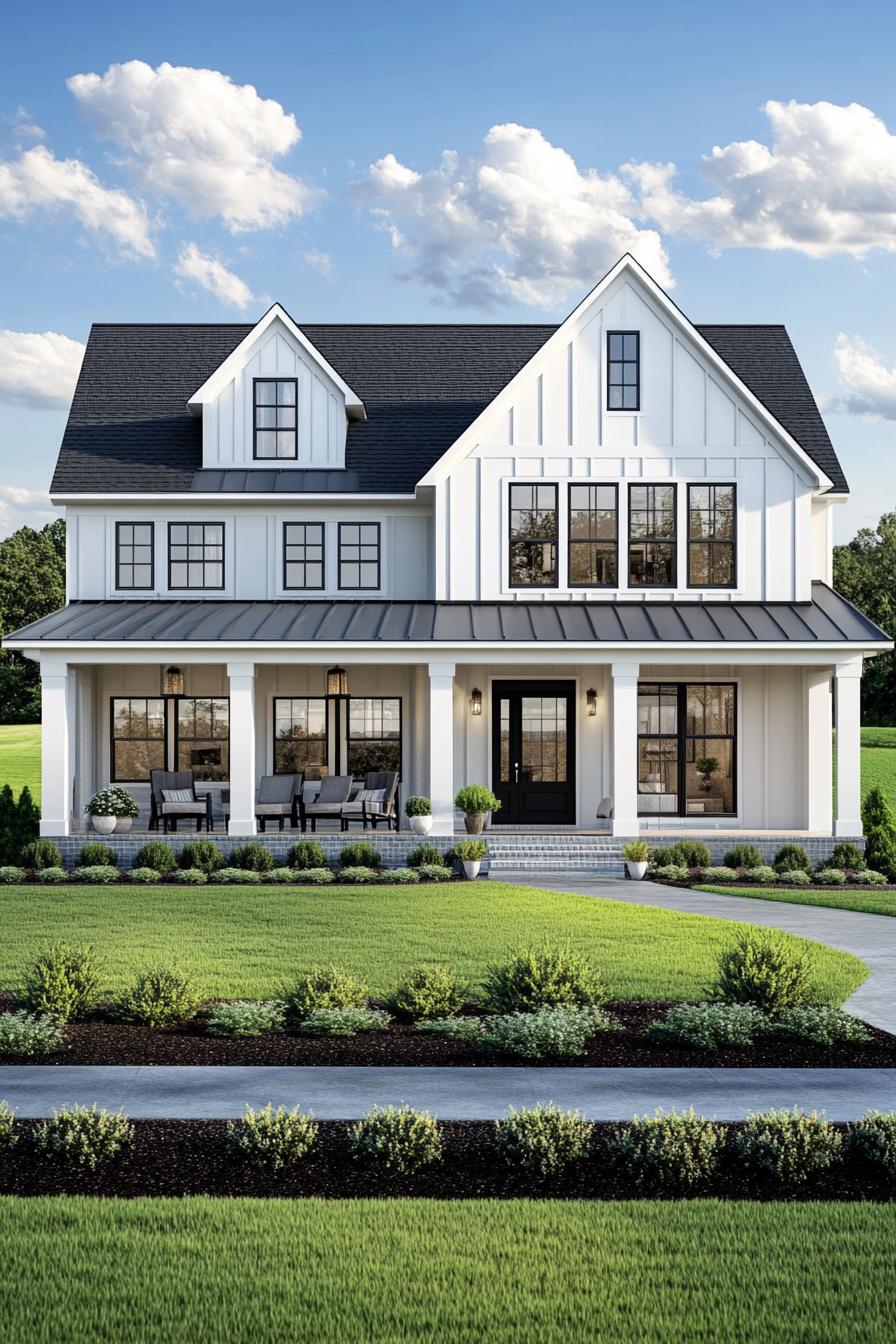 Wide angle photo of a modern farmhouse symmetrical gabled two story facade vertical white and grey wood siding large symmetrical windows complex 2