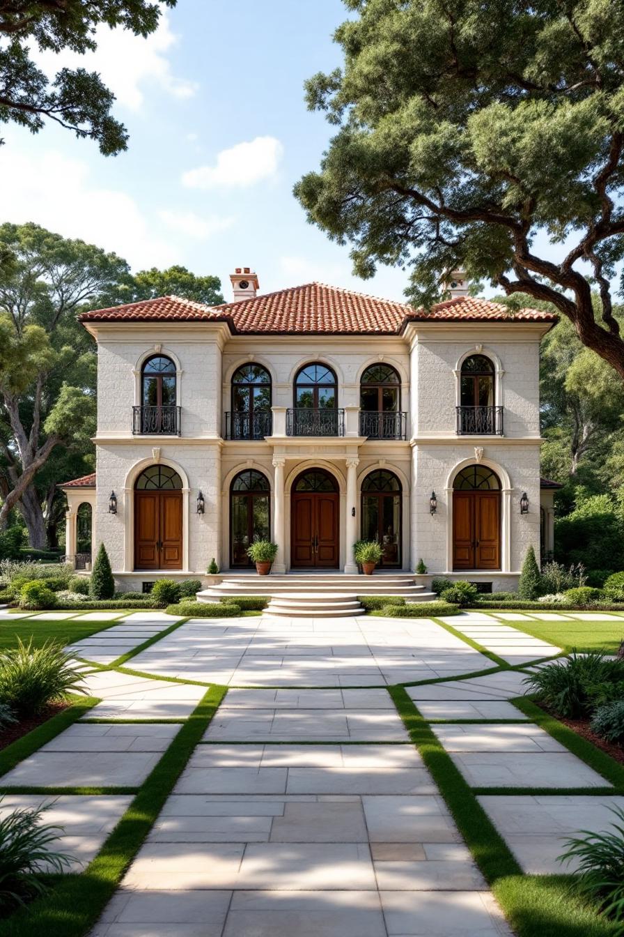 Elegant two-story house with arched windows and a terracotta roof