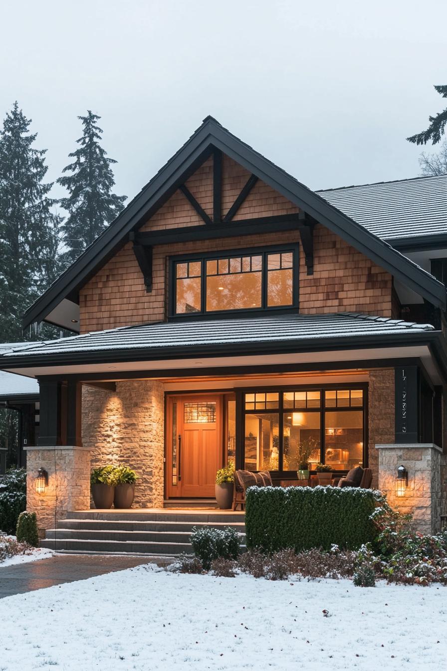 Charming craftsman home with snow-dusted roof and cozy porch