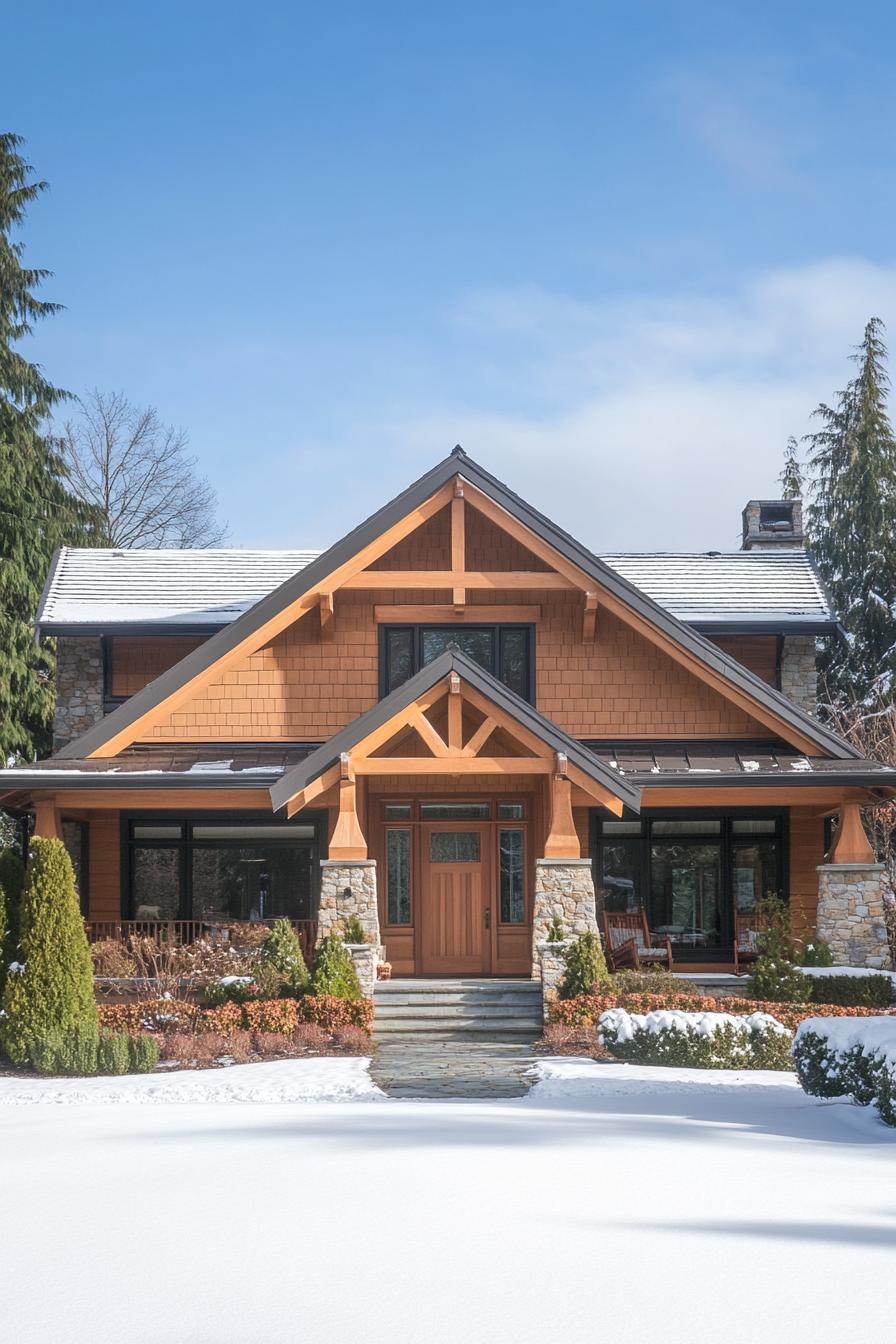 Modern craftsman house with snow and stone accents